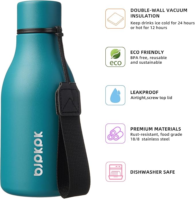 BJPKPK Insulated Water Bottles, 12oz Stainless Steel Metal Water Bottle with Strap, BPA Free Leak Proof Jugs, Mugs, Flasks, Reusable Thermal Flasks for Sports & Travel, Lake Blue