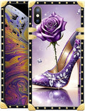 Compatible with iPhone Xs Max Case, High Heeled Purple Diamond Rose Luxury Golden Decoration for Girl Women Soft TPU Shockproof Protective Hard PC Back for iPhone Xs Max