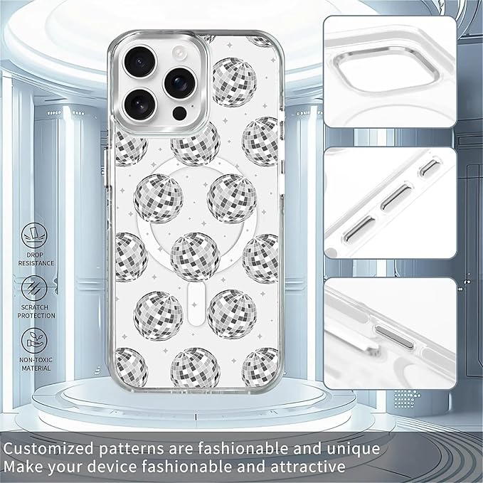 Case for iPhone 15 Pro Max,[Compatible with MagSafe],Disco Ball Grayish White Phone Case Design，for Women Girls Magnetic Clear Cover - Slim, Sleek, & Shockproof Protection