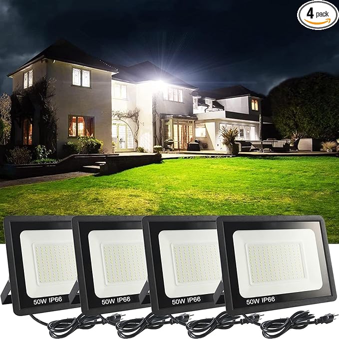 4Pack LED Flood Light Outdoor,50W LED Work Light 5500lmwith 6FT US Plug,IP66 Waterproof Exterior Security Lights,6000K Daylight White Outside Floodlights Slim Design for Playground Yard