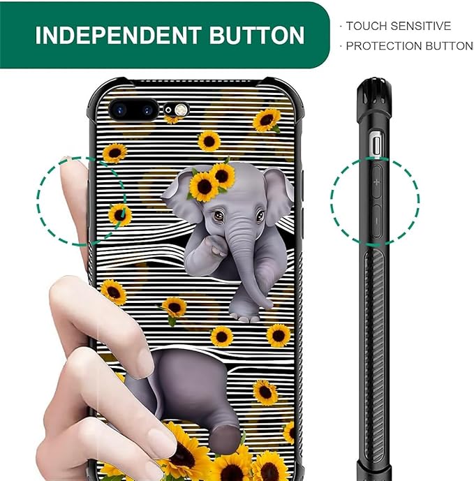 for iPhone 7/8 Case, Cute Little Elephant Sunflower White Line Art Pattern Made of Soft Silicone Hard Acrylic Shock Protection for iPhone 7/8