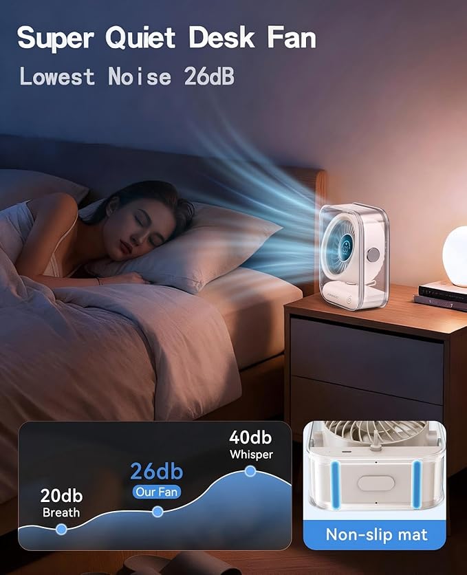 KIMMOO Rechargeable USB Desk Fan, Quiet Table Fan with Turbo Airflow, 100 Speeds, Digital Display, 90° Rotating, Small Battery Desktop Fans for Bedroom Home Office Trave, Beige