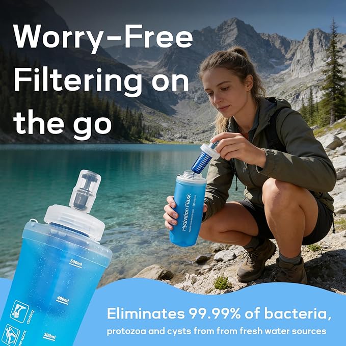 1L Soft Flask Water Bottle, Collapsible Water Bottle with Filter, Perfect for Hiking, Backpacking, and Camping - Blue