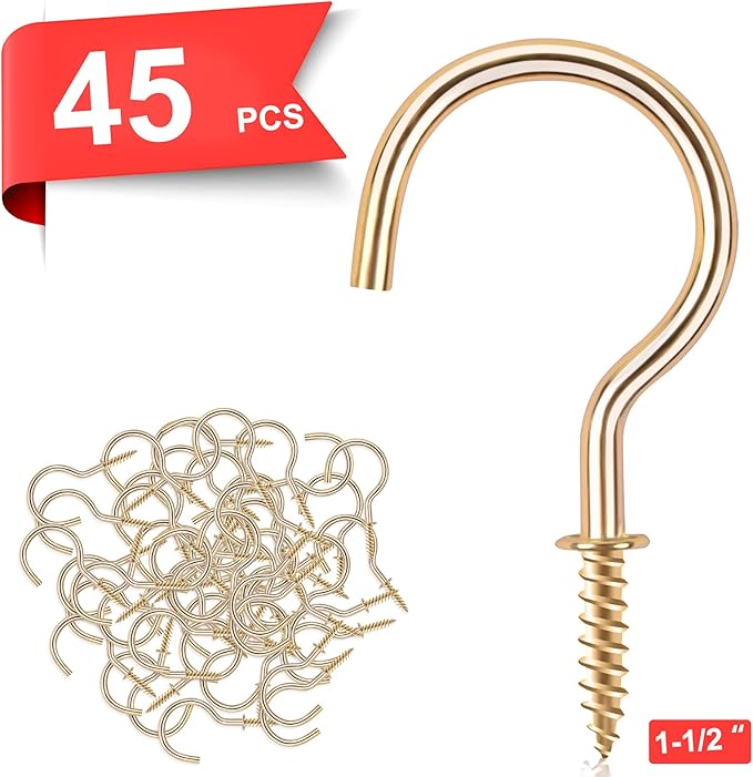 Cup Screw Hooks,1-1/2 inch Metal Screw in Ceiling Hooks,45 Pack Metal Ceiling Plant Hanger Hooks, Wind Chimes Hook Kitchen Cup Hook Great for Hanging Indoor & Outdoor Use(Golden)