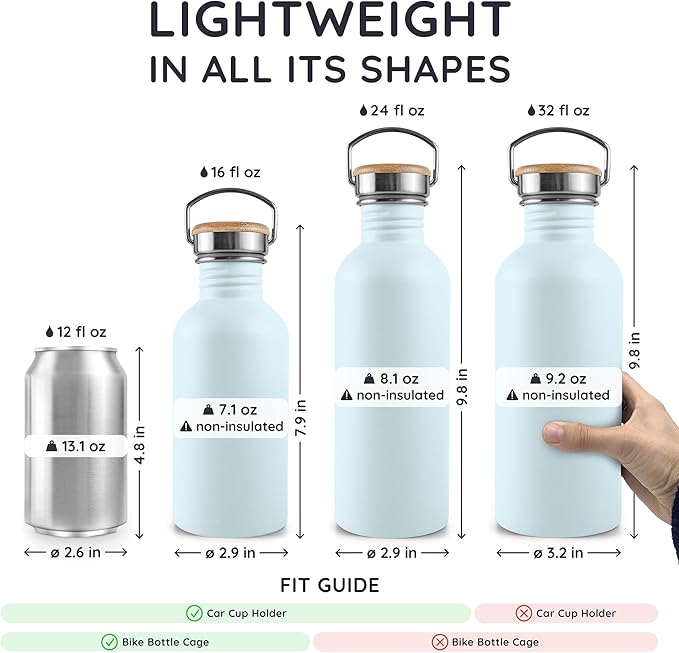 Bambaw Metal Water Bottle 750 ml, Light Blue Sports Bottle, Non-Insulated Water Bottle, Stainless Steel Bottle 750 ml, Stainless Steel Bottle – Nordic Blue