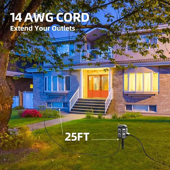 TiFFCOFiO Outdoor Power Strip Timer, Dusk to Dawn Light Sensor Countdown, 25 Feet Extension Cord Waterproof, 6 Grounded Outlets for Halloween and Christmas Decorations, ETL Listed (25 FT)