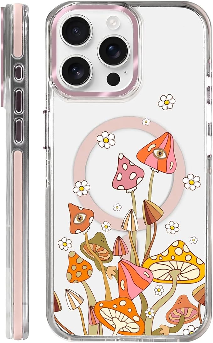 Case for iPhone 14 Pro Max,[Compatible with MagSafe],Retro Mushroom Sunflower Phone Case Design，for Women Girls Magnetic Clear Cover - Slim, Sleek, & Shockproof Protection