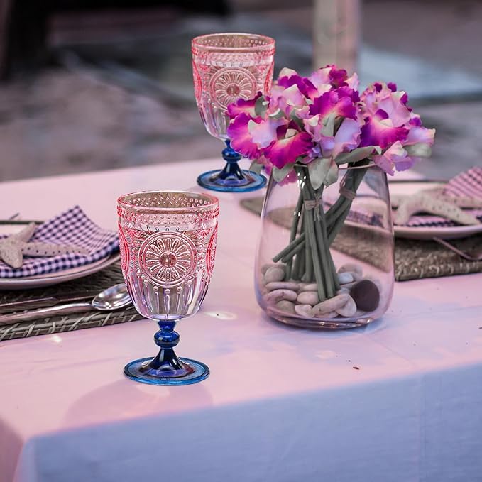 XUWAIDSGN 24Pcs Plastic Vintage Wine Glasses 13.5oz Reusable Embossed Goblet Glasses Pink Blue Gradient Retro Wine Glassware Unbreakable Stemmed Champagne Water Cups for Wine Cocktail Juice Wedding