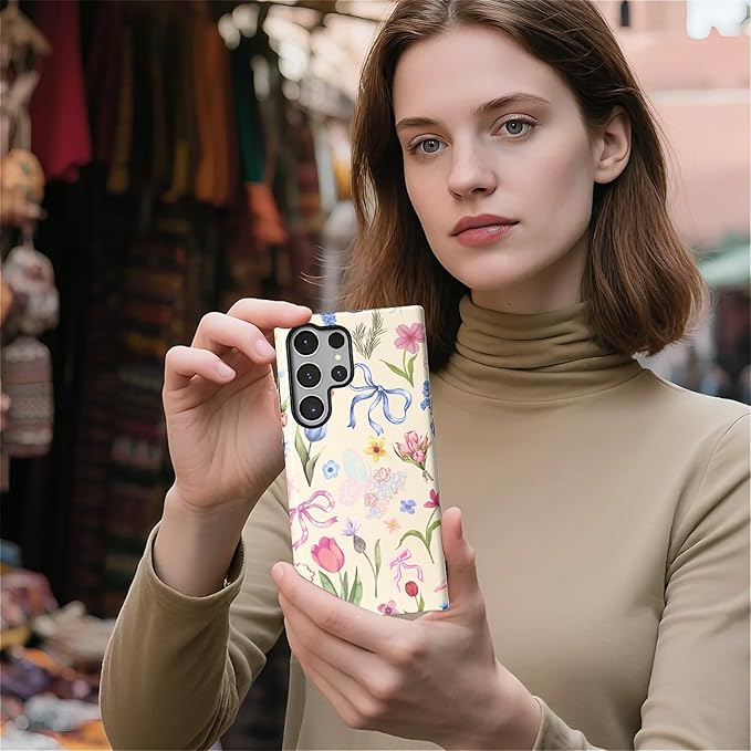 for Samsung Galaxy S23 Ultra Case,HL2 Aesthetic Flower Preppy Collage Hybrid 2 Layer Hard Shell Silicone Protective Pattern Design Case