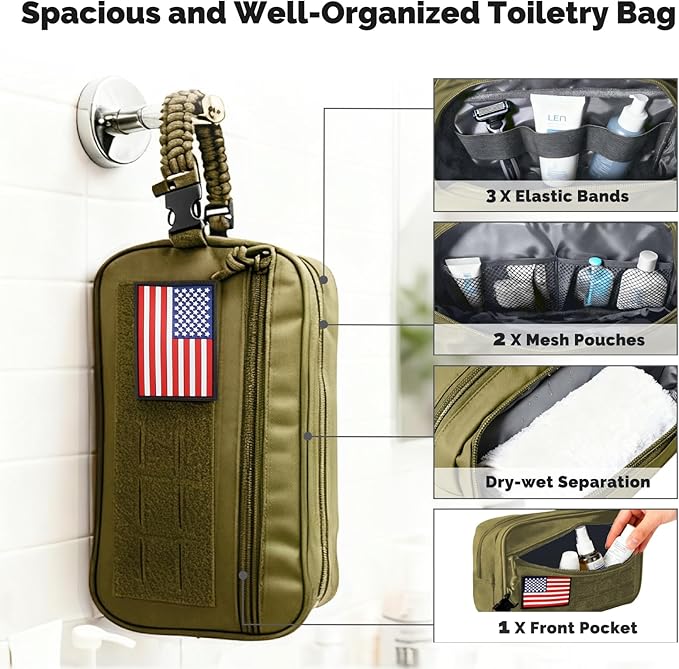 Toiletry Bag for Men Tactical Travel Dopp Kit with Wet Dry Compartment 3 Zipper Pockets 900D Water Resistant MOLLE System Organizer for Gym Hiking Travel Shaving EDC Accessories Gifts Him