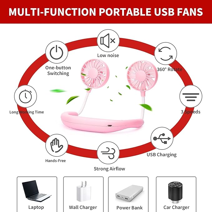 Portable Neck Fan Rechargeable Personal Hand-Free Fan Mini USB Wearable Neckband Sport Fan, 3 Speed Adjustable, 360 Degrees Free Rotation Perfect for Working, Traveling,Office, Reading (Blue Pink)