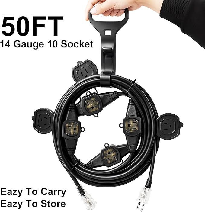 50FT Outdoor Extension Cord, 14 Gauge SJTW 5-15R Cable Male Plug to Female Connector,10 Evenly Spaced Outlets Plugs,Suitable for Stage Setting or Outdoor,UL Certified Outlet Cable.