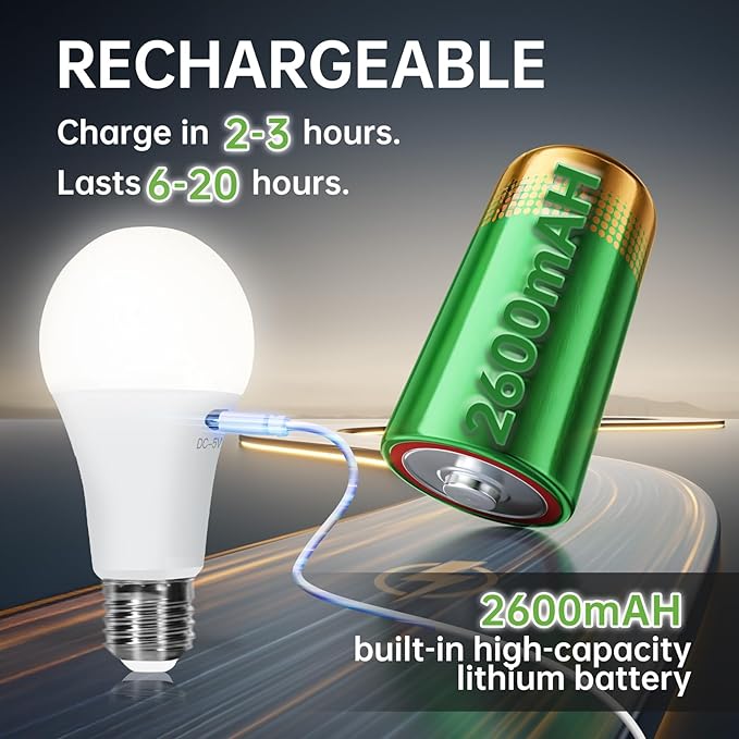 Kimjo Rechargeable Light Bulbs with Remote, Keep Lighting During Power Outage, 2600mAh Emergency Battery Operated Light Bulb with 3 Colors, Dimmable for Home, Camping, Tent (E26, with Hook),1 Pack