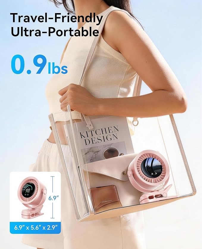 KIMMOO Portable Clip on Fan, 100-Speed Rechargeable USB Fan with LED Display, 360° Rotation & Strong Airflow Desk Fan, Up to 17 Hours Small Battery Fan for Outdoor Travel Camping Treadmill Car (Pink)