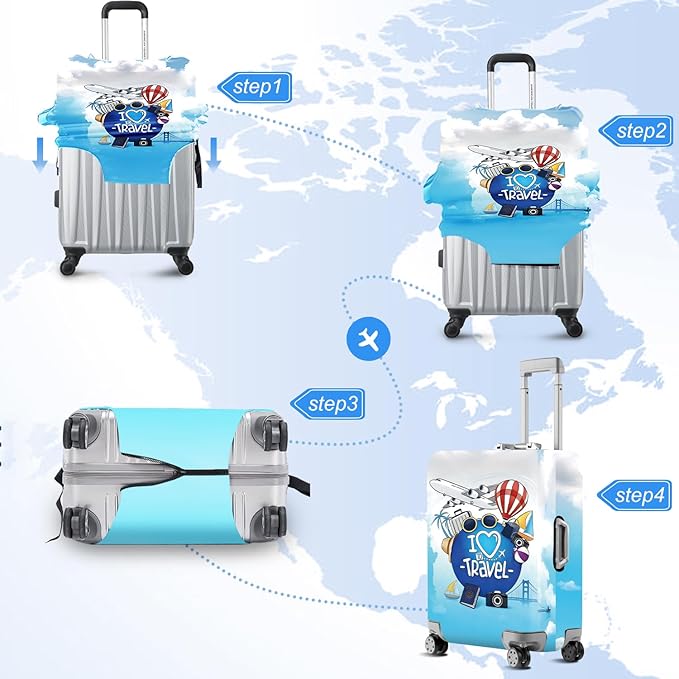 ANNA QUEEN I Love Travel Themed Luggage Cover,Stretchable Suitcase Protector Sleeve,Fit for 28-30 Inch Checked Baggage,Water Resistant & Durable Luggage Protector