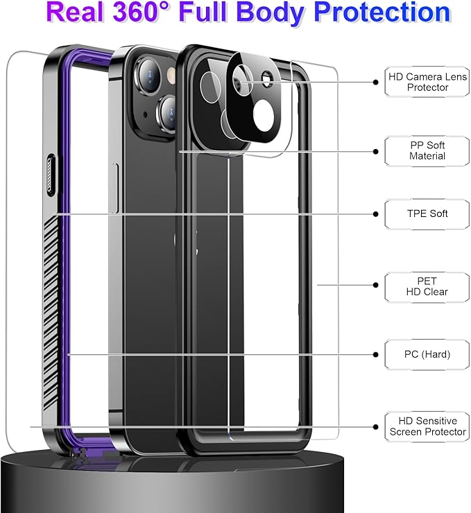 Temdan Compatible with iPhone 13 Case Waterproof, Built-in Screen & Camera Protector IP68 Underwater Full Body 13FT Military Dropproof Shockproof Phone Case 6.1"-Purple/Clear