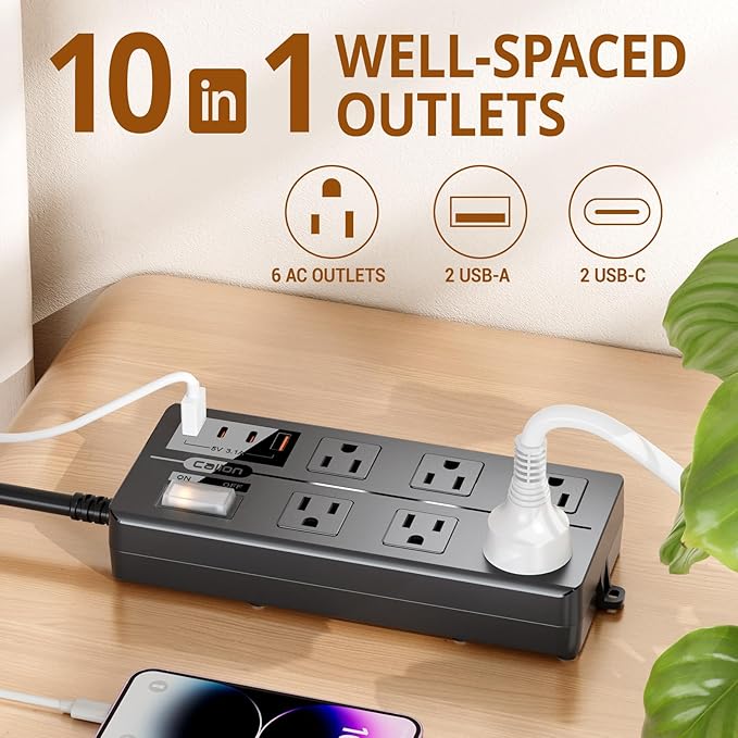10FT Outdoor Waterproof Power Strip Surge Protector with 6AC Outlets 4USB Ports Power Switch Safety Lock, ETL Certified for Patio Garden Charging