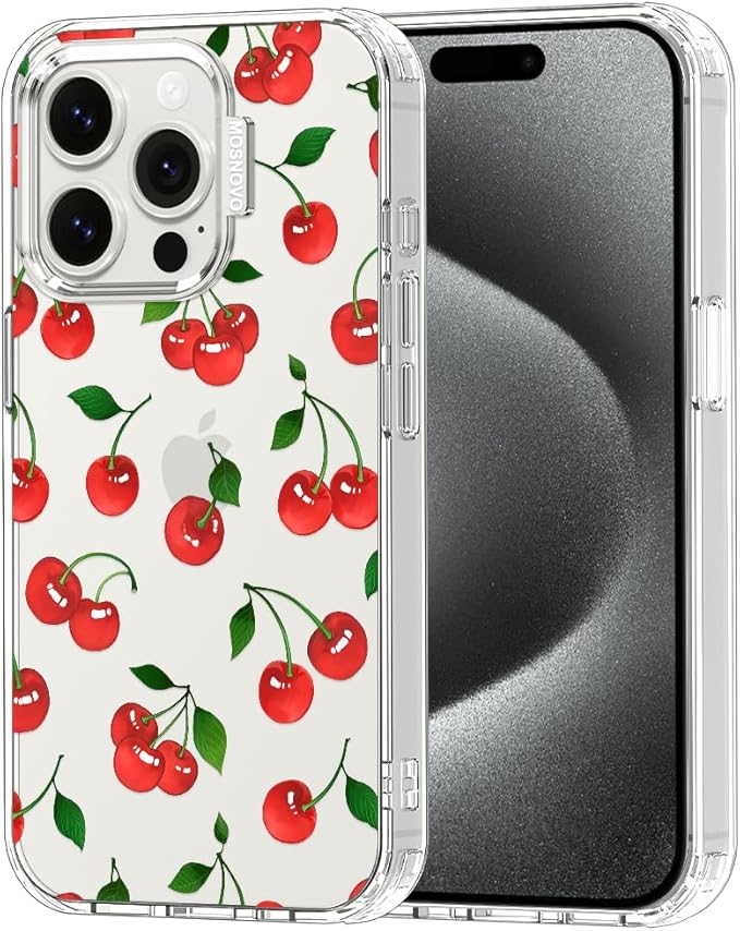 MOSNOVO Case for iPhone 15 Pro, [Buffertech 6.6ft Military-Grade Drop Protection] [Anti Peel Off Tech] Clear TPU Bumper Phone Case Cover Design - Cute Cherry