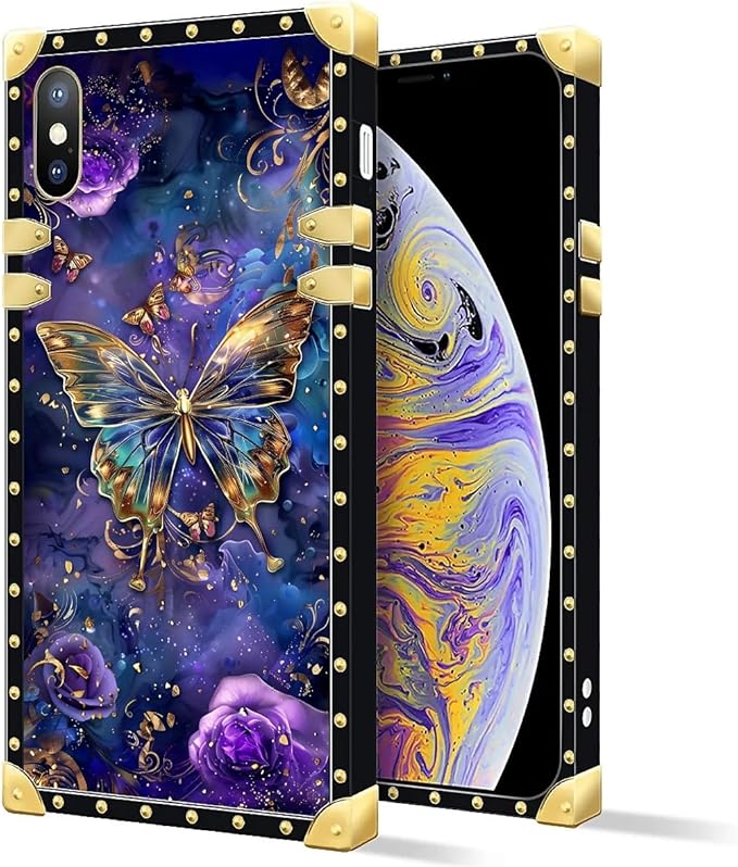 Compatible with iPhone Xs Max Case, Glistening Golden Butterfly Vibrant Purple Blue Luxury Golden Decoration for Girl Women Soft TPU Shockproof Protective Hard PC Back