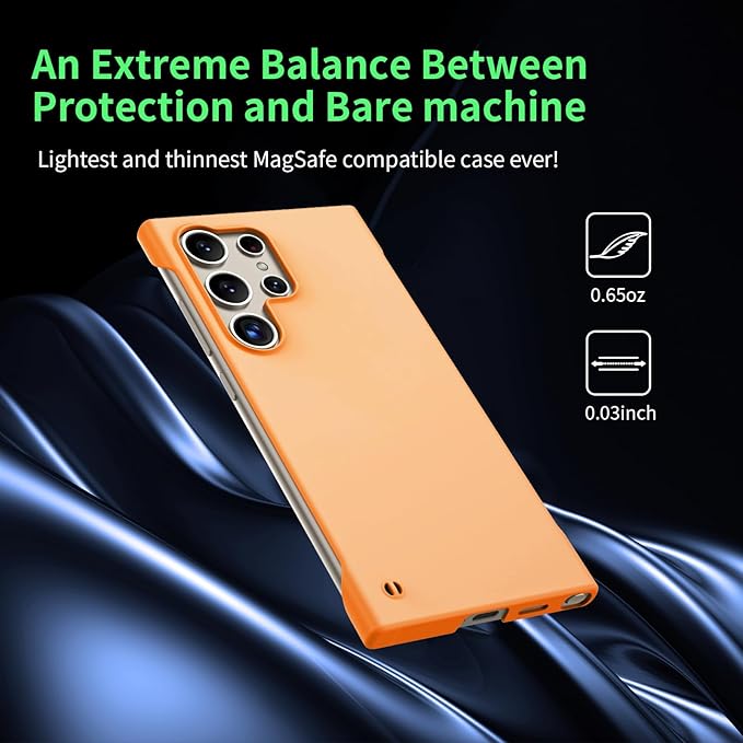 GRECAZO Slim Borderless for Samsung Galaxy S24 Ultra Phone Case 6.8"(2024) Ultra-Thin Lightweight Frameless Matte Hard PC Cover Case with Pull Ring Minimalist Non Slip Rope-Orange