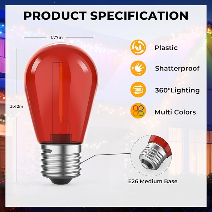GvvooHome 24 Pack S14 Colored LED String Light Bulbs, 1W Plastic Shatterproof Replacement Bulbs for Outdoor Patio Backyard Lights, E26 Medium Base, Warm White 2200K, Dimmable, Red/Green/Blue/Orange
