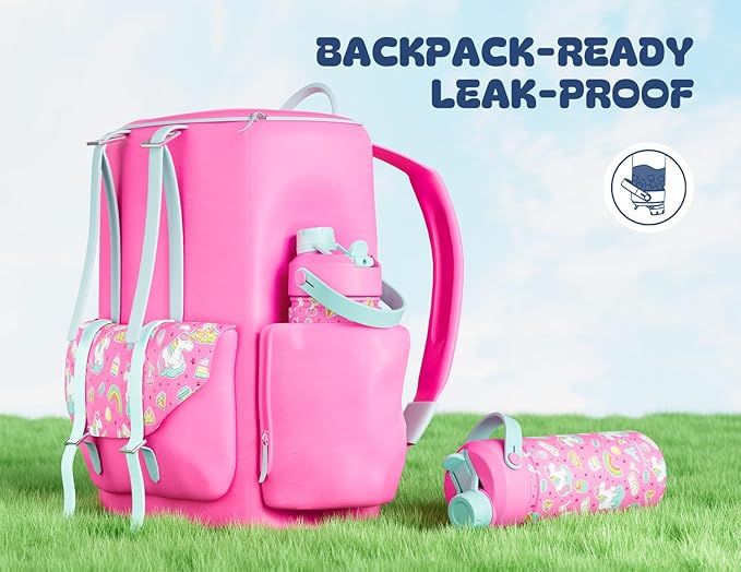 18 oz Kids Water Bottle for School: Leakproof, 2-in-1 Straw Spout Lid, BPA-Free, Easy Carry, Keep Cold 24H, Insulated Stainless Steel Cup for Backpack, Sports, Camping, Trip, Gift, Home (Cute Unicorn)