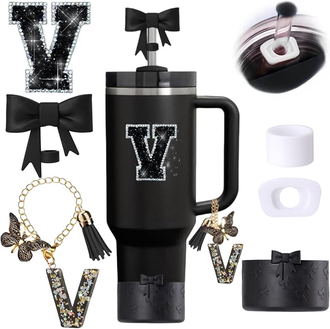 6pcs Black Stanley Cup Accessories Set, Bow Straw Topper for Stanley Cup 30oz 40oz, Including Straw Topper and Bow Silicone Boot, Stoppers Spill Proof, Handle Charm, Initials Sticker