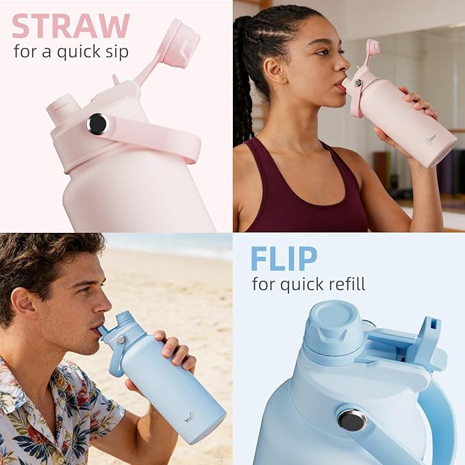 32oz Insulated Water Bottle with 2-in-1 Straw and Spout Lid, 304 Stainless Steel Water Bottle Keep Cold for 24H,Leak-Proof,Sports Water Bottle with Braided Carry Strap for School,Gym,Travel, Pink