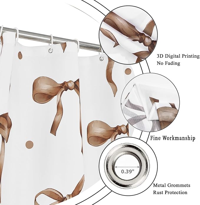 Brown Bow Shower Curtain, Brown and White Modern Aesthetic Bowknot with Polka Dot Cute Girly Bathroom Curtain Waterproof Fabric Machine Washable with Hooks, 65" Wx72 L