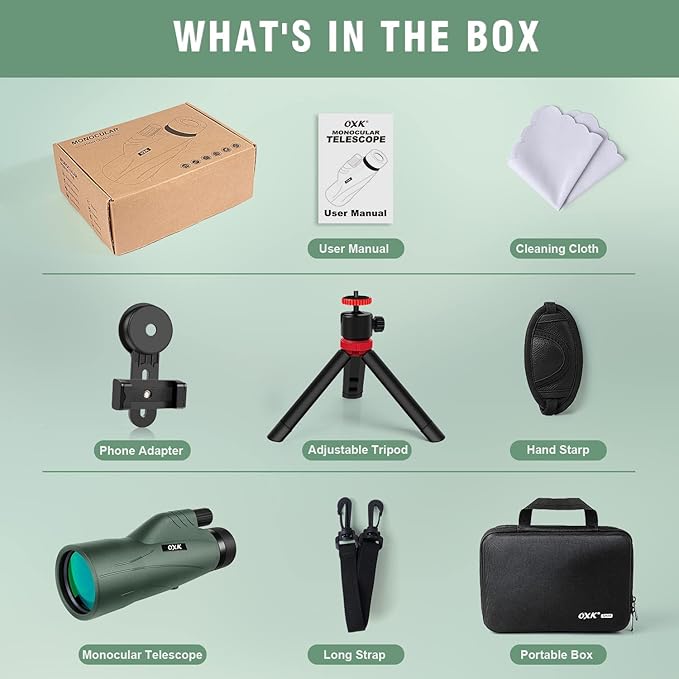 12x56 High Power Monocular Telescope for Adults | Comes with Smartphone Adapter Tripod Travel Bag | Bird Watching Hunting Hiking Camping Gift - Green