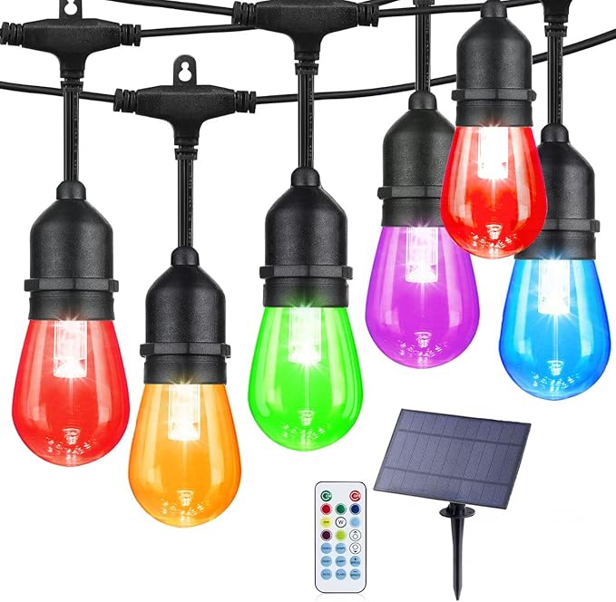 Auroraworld 96FT Solar RGB Outdoor String Lights, Dimmable Waterproof LED Patio Lights with Remote, 30 Shatterproof Bulbs for Garden Party Decor