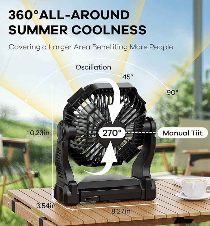 DOWILLDO 30000mAh Portable Battery Powered Camping Fan - with LED Light, Quiet Battery Operated, Camping Gear for Travel, Tent, Beach, Car or Hurricane Power Outages, Black