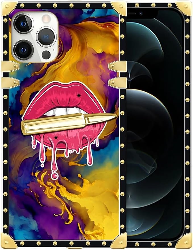 Compatible with iPhone 12 12 Pro Case, Cool Corlorful Lip Marble Luxury Golden Decoration for Girl Women Soft TPU Shockproof Protective Hard PC Back for iPhone 12 12 Pro