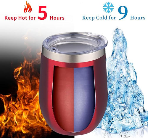 12oz/4 Pack Wine Tumbler Glasses with Lid Stemless Double Wall Vacuum Stainless Steel Travel Tumbler Keeping Cold & Hot for Wine,Coffee,Cocktails,Christmas Drinks-Family and Gifts (Red-4 pack)