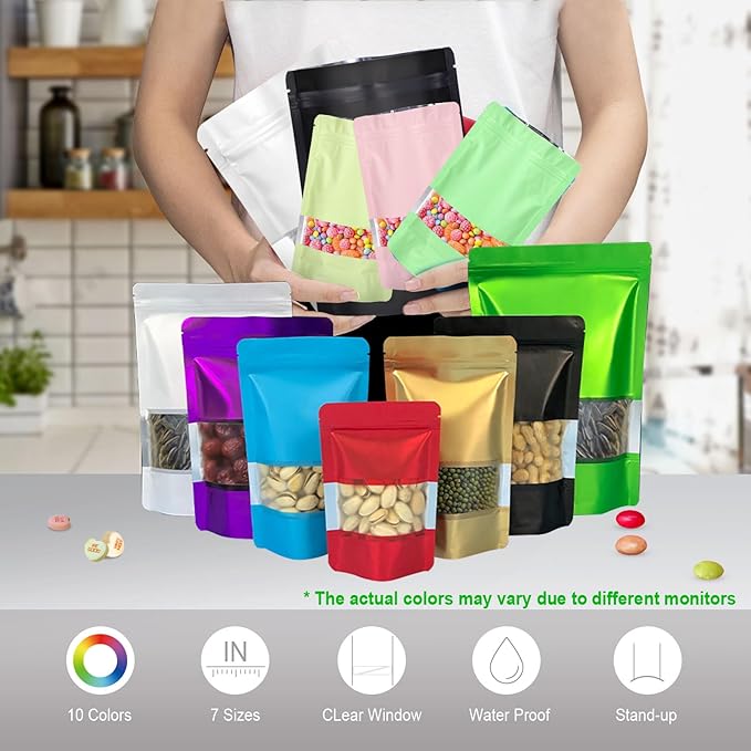 7.1"x10.2" 1 Quart 120pcs Mylar Bags for Food Storage,Smell Proof Bag with Matte Window Resealable Food Storage Bags for Small Business, Stand-up Foil Pouch Packaging Freeze Dried Candy Bag(Blue)
