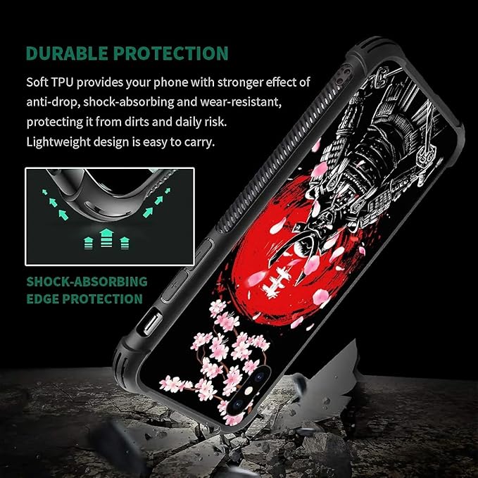 for iPhone X/Xs Case, Sakura Japanese Samurai Pattern Graphic Design Girl Boy Soft Silicone Hard Acrylic Shock Protection for iPhone X/Xs