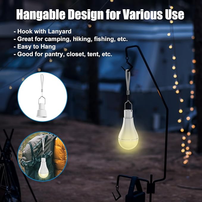 Brightown E26 Rechargeable Light Bulb with Remote and Timer, Battery Backup Bulb for Sconces and Lamps, Hanging LED Light Bulb with Hook for Camping Tent, Dimmable, 3 Color Temperatures, 2 Pack