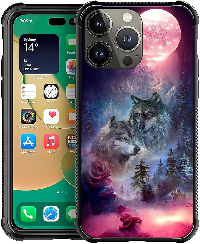 for iPhone 14 Pro Max Case, Star Two Wolfs Howling Pattern Graphic Design Girl Boy Soft Silicone Hard Acrylic Shock Protection for iPhone 14 Pro Max