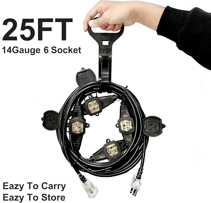 oviitech 25FT Power Extension Cord 3 Prong, 14 Gauge SJTW 5-15R Male Plug to Female Connector,7 Outlet Cable,Multiple Evenly-Spaced Plug,Suitable for Stage Setting or Outdoor,UL Certified Outlet Cable