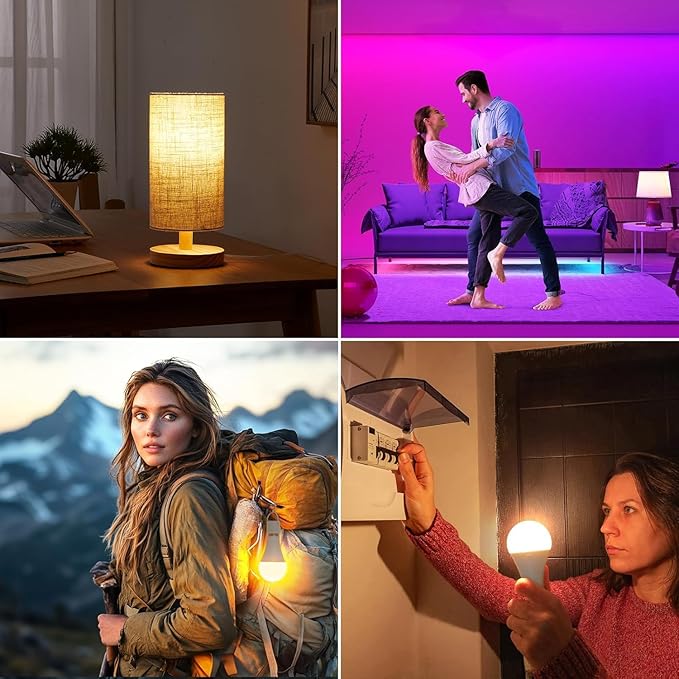 Rechargeable Battery Operated A19 Light Bulbs with Remote, Dimmable Detachable Battery Powered LED Bulb with 15 Colors Shift & Timer, Cordless Emergency Bulb for Wall Sconce, Non-Hardwired, 4-Pack