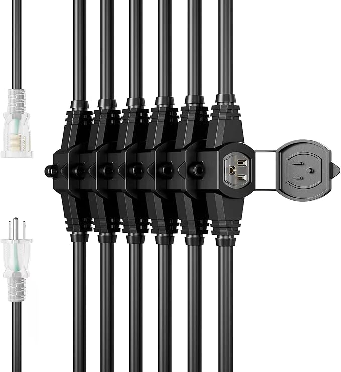 50FT 12 Gauge SJTW Power Extension Cord 3 Prong, 5-15R Male Plug to Female Connector, 6 Outlet, Multiple Evenly-Spaced Plug, Suitable for Stage Setting or Outdoor, UL Certified