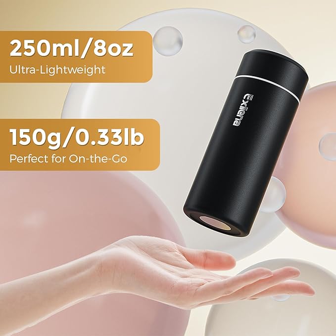 【Upgraded】Exllena Small Insulated Water Bottle 8 oz/250ml– Mini Insulated Water Bottle for Hot & Cold Drinks, Perfect Small Water Bottle for Travel, Purse...(Black)