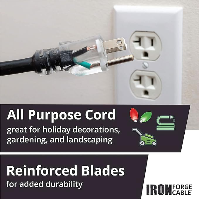 Iron Forge Cable 3 ft Lighted Outdoor Extension Cord - 10 Gauge Heavy Duty Extension Cord, 15 AMP, 10/3 Black Power Cable SJTW Weatherproof 3 Prong Grounded Plug for Safety