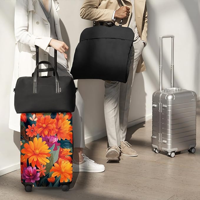 ANNA QUEEN Boho Floral Luggage Cover,Spring Orange Flower Pattern Suitcase Protector,Stretchable,Washable & Water Resistant, Universal Fit for 24-26 Inch Checked Baggage