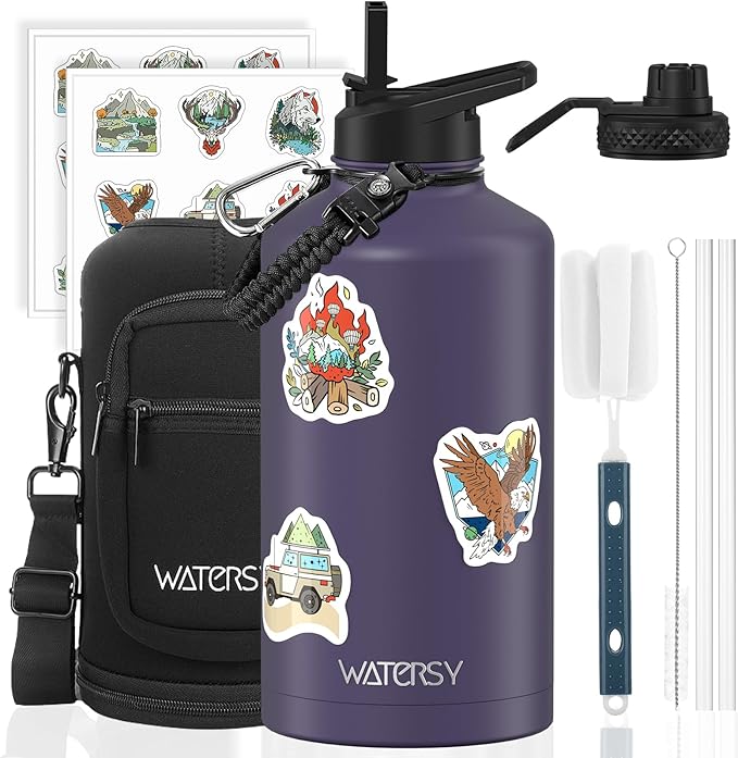 87oz Insulated Water Bottle (Cold for 48 Hrs),BPA Free&Leak Proof,1.5 Gallon Stainless Steel Water Flask,Water Jug with Straw Spout Lids for Gym,Hiking,Camping,Purple