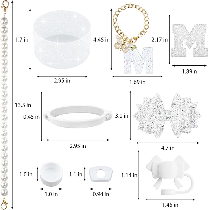 9PCS White for Stanley Cup Accessories Set Bling Initials Bow Charms for Stanley Decorations 30/40 Oz Tumbler Accessories Including Bow Straw Topper, Handle Strap, Spill Stopper（Letter M）