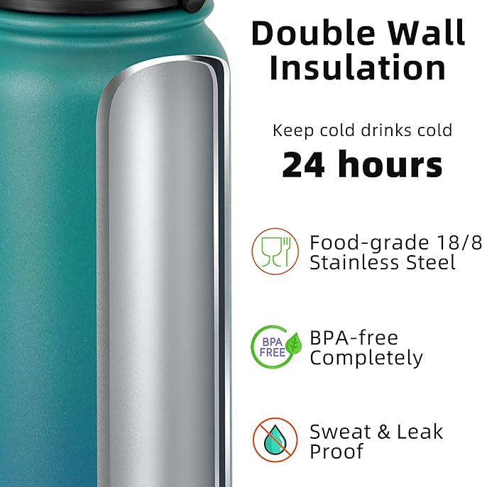 Fanhaw 32 oz Insulated Stainless Steel Water Bottle with Anti-Dust Chug Lid, Leakproof Vacuum Sports Bottle for Men & Women (Green Blue)