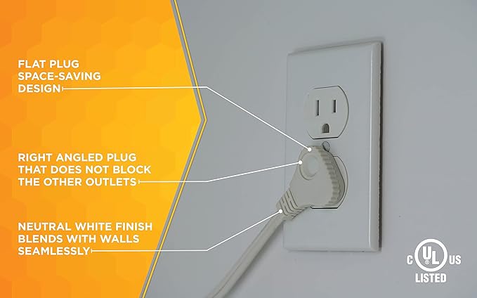 Woods Slimline Extension Cord - 16/3 Indoor Flat Plug with Right Angled Design - 3 Polarized Outlets - PVC Jacket - Space Saving - Neutral White - 16 Gauge - 3 Feet,(Pack of 12)