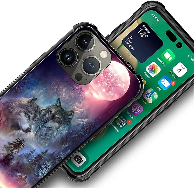 for iPhone 12 Pro Max Case, Star Two Wolfs Howling Pattern Graphic Design Girl Boy Soft Silicone Hard Acrylic Shock Protection for iPhone 12 Pro Max