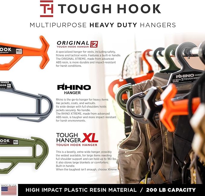 Tough Hook Original Heavy Duty Hangers – The Superhero of Hangers USA-Made, Anti-Slip ABS Resin Tactical Hanger for Police Gear, Scuba Gear & Dive BCD – DuraResin 200-lb Cap Wetsuit Hanger, 2 Gray